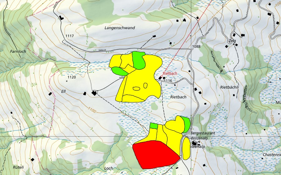 Carte nationale swisstopo avec le périmètre protégé de Moore auf der Wolzenalp (Hännis/Allmen/Rietbach) (Haut-marais)