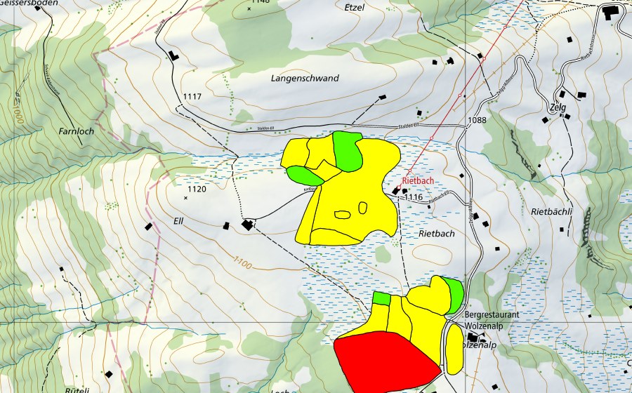 Carte nationale swisstopo avec le périmètre protégé de Moore auf der Wolzenalp (Hännis/Allmen/Rietbach) (Haut-marais)