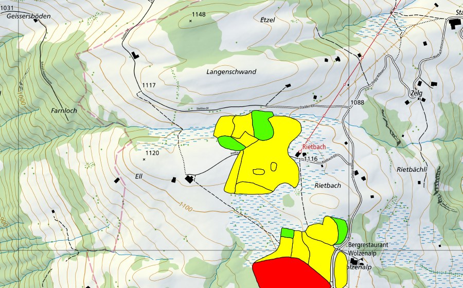 Landeskarte swisstopo mit dem Schutzperimeter von Moore auf der Wolzenalp (Hännis/Allmen/Rietbach) (Hochmoor)