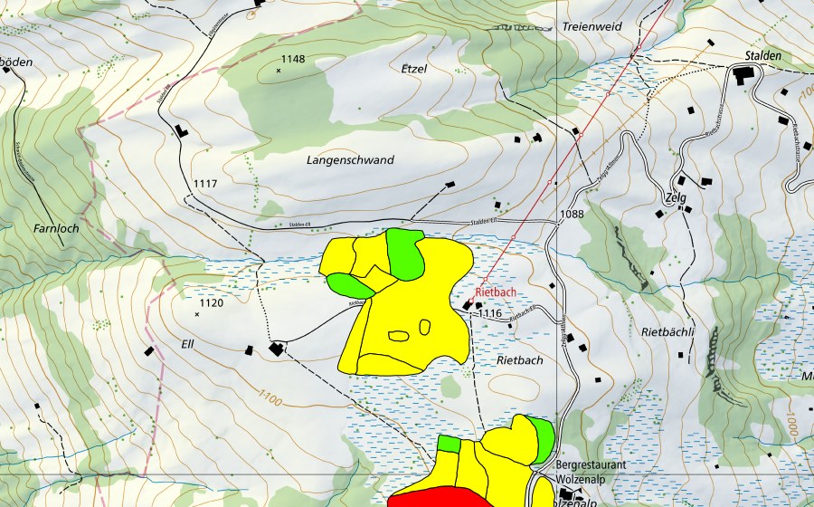 Landeskarte swisstopo mit dem Schutzperimeter von Moore auf der Wolzenalp (Hännis/Allmen/Rietbach) (Hochmoor)