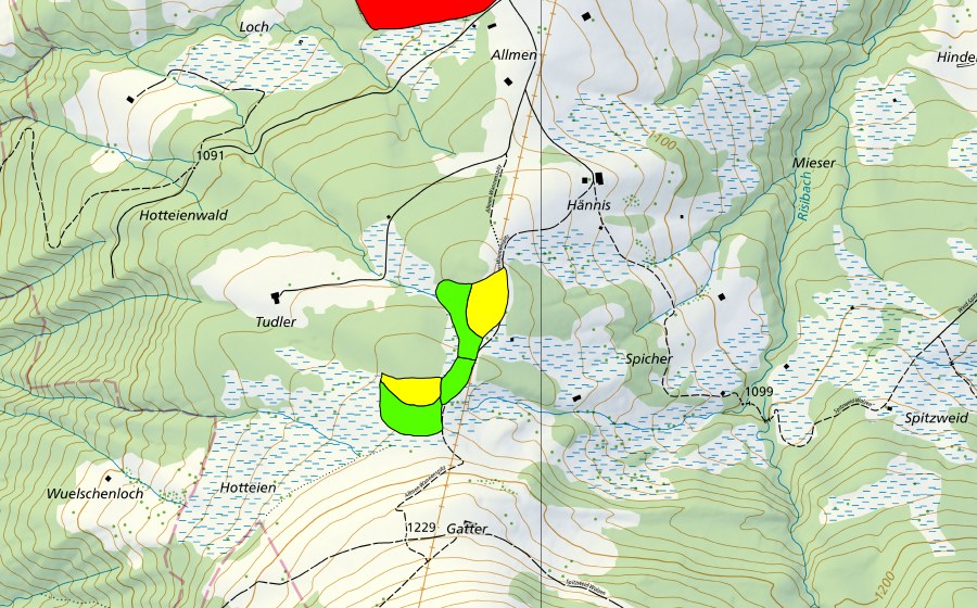 Carte nationale swisstopo avec le périmètre protégé de Moore auf der Wolzenalp (Hännis/Allmen/Rietbach) (Haut-marais)
