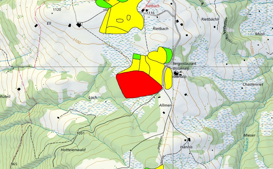 Landeskarte swisstopo mit dem Schutzperimeter von Moore auf der Wolzenalp (Hännis/Allmen/Rietbach) (Hochmoor)