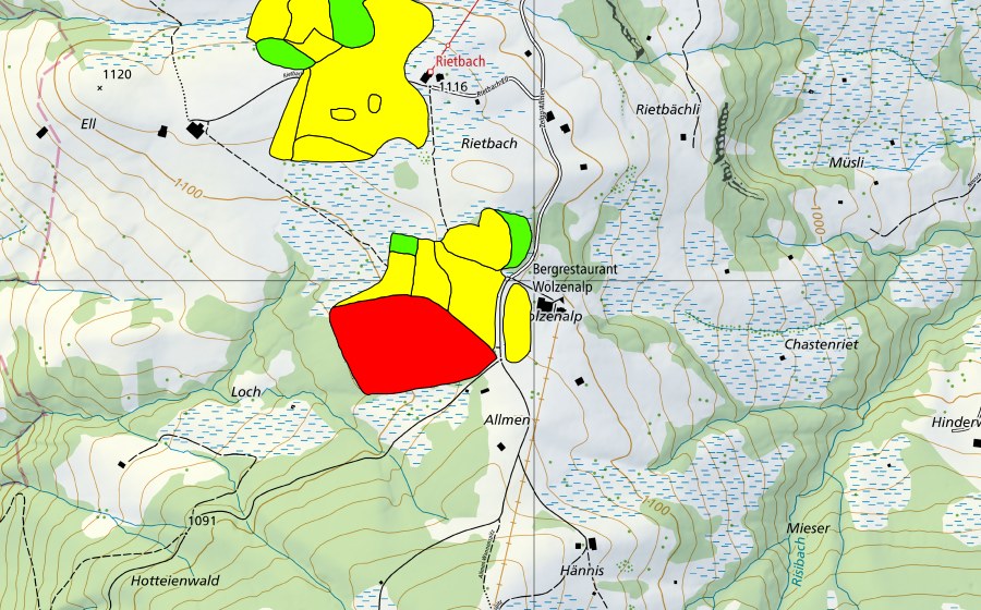 Carta nazionale swisstopo con il perimetro protetto di Moore auf der Wolzenalp (Hännis/Allmen/Rietbach) (Torbiera alta)