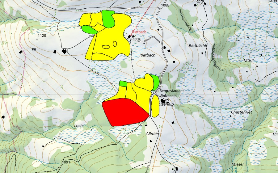 swisstopo national map showing the protected perimeter of Moore auf der Wolzenalp (Hännis/Allmen/Rietbach) (Raised bog)