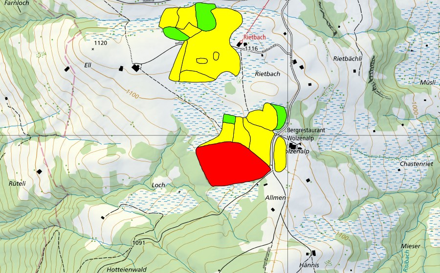 Carte nationale swisstopo avec le périmètre protégé de Moore auf der Wolzenalp (Hännis/Allmen/Rietbach) (Haut-marais)