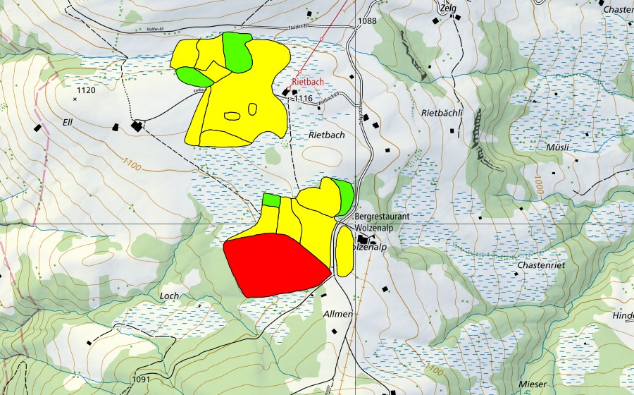 Landeskarte swisstopo mit dem Schutzperimeter von Moore auf der Wolzenalp (Hännis/Allmen/Rietbach) (Hochmoor)