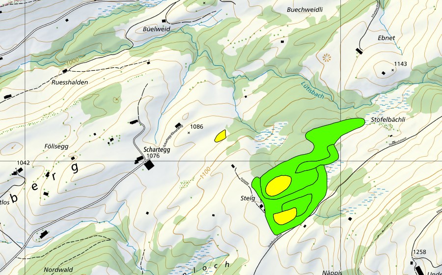 Landeskarte swisstopo mit dem Schutzperimeter von Moore bei Steig und Schartegg (Hochmoor)