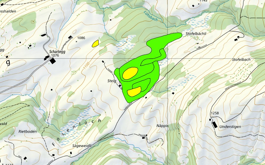 Landeskarte swisstopo mit dem Schutzperimeter von Moore bei Steig und Schartegg (Hochmoor)