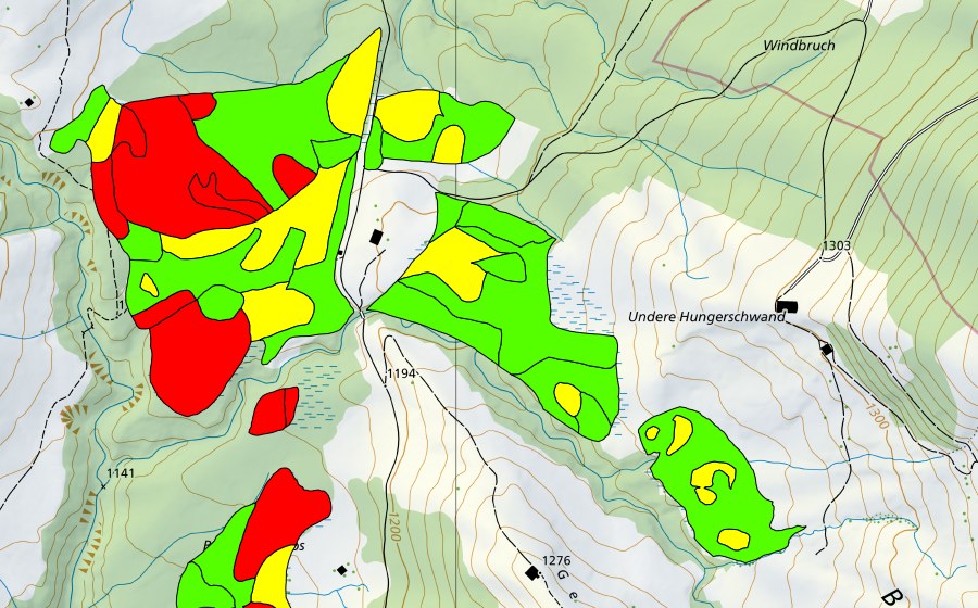 swisstopo national map showing the protected perimeter of Moore bei Unter Hungerschwand (Raised bog)