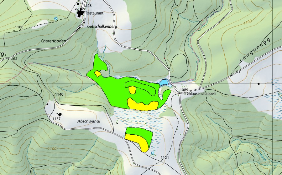 Landeskarte swisstopo mit dem Schutzperimeter von Moore beim Chlausechappeli (Hochmoor)