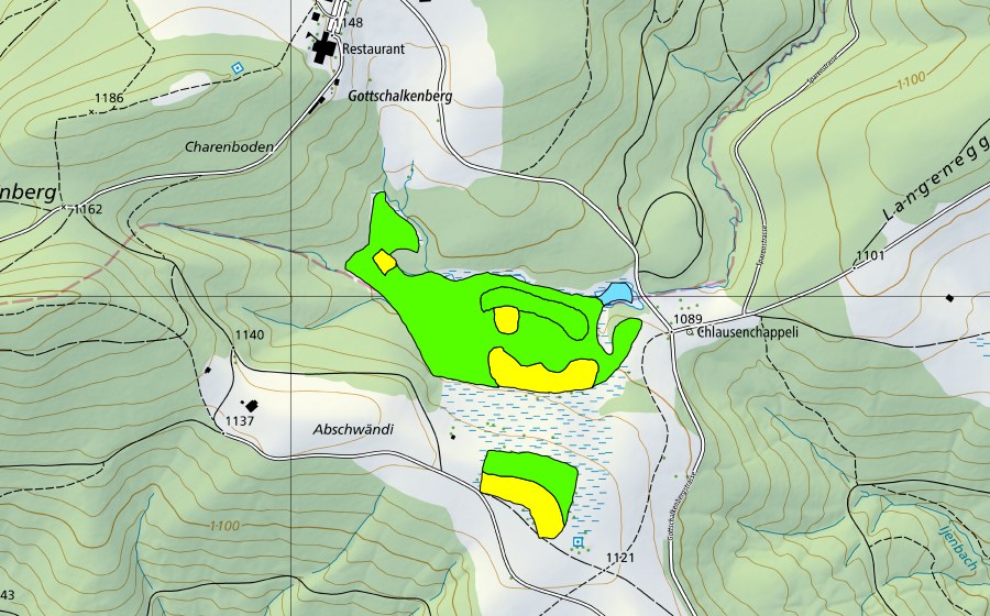 Carte nationale swisstopo avec le périmètre protégé de Moore beim Chlausechappeli (Haut-marais)
