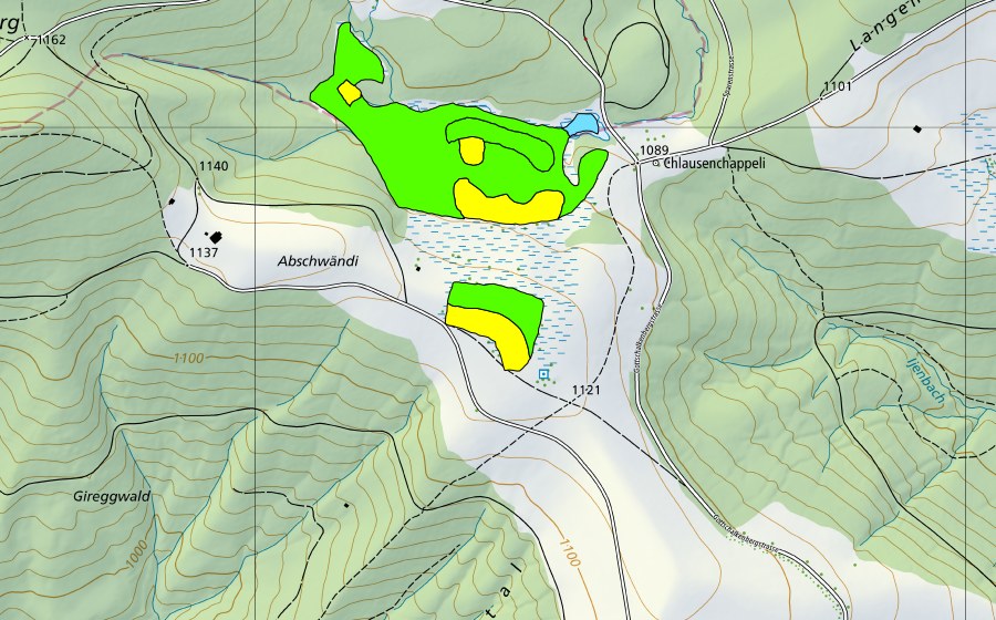 Carte nationale swisstopo avec le périmètre protégé de Moore beim Chlausechappeli (Haut-marais)