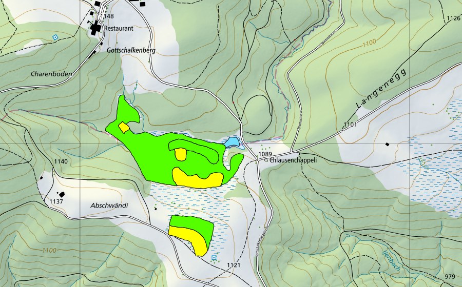 Landeskarte swisstopo mit dem Schutzperimeter von Moore beim Chlausechappeli (Hochmoor)