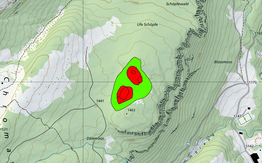 swisstopo national map showing the protected perimeter of Moore im Schöpfewald (Raised bog)