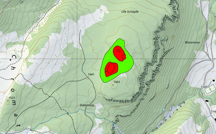 swisstopo national map showing the protected perimeter of Moore im Schöpfewald (Raised bog)