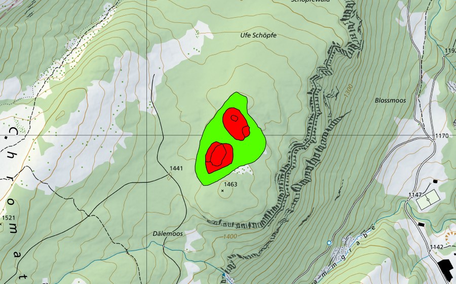 Carte nationale swisstopo avec le périmètre protégé de Moore im Schöpfewald (Haut-marais)