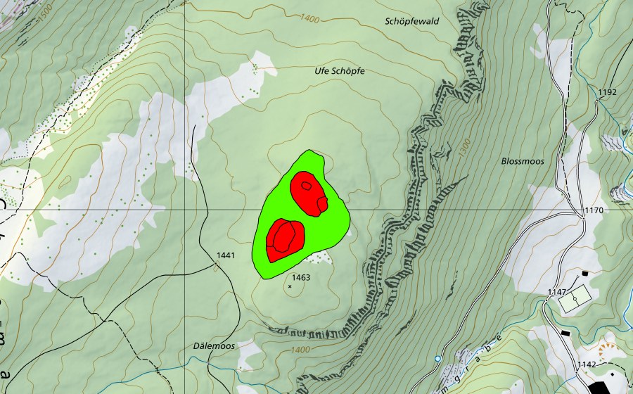 Carta nazionale swisstopo con il perimetro protetto di Moore im Schöpfewald (Torbiera alta)