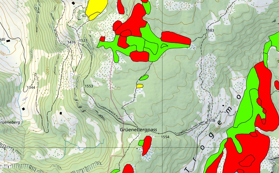 Carte nationale swisstopo avec le périmètre protégé de Moore nördlich Grünenbergpass (Haut-marais)