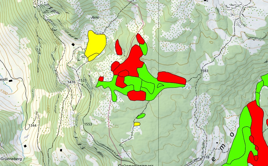 Carte nationale swisstopo avec le périmètre protégé de Moore nördlich Grünenbergpass (Haut-marais)