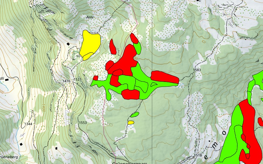 Landeskarte swisstopo mit dem Schutzperimeter von Moore nördlich Grünenbergpass (Hochmoor)
