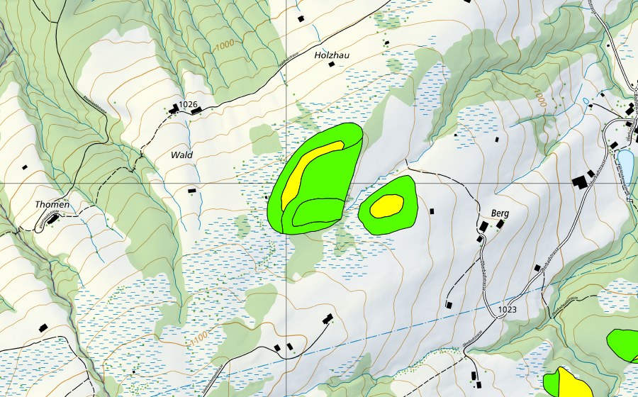 swisstopo national map showing the protected perimeter of Moore nördlich Guggeien (Raised bog)