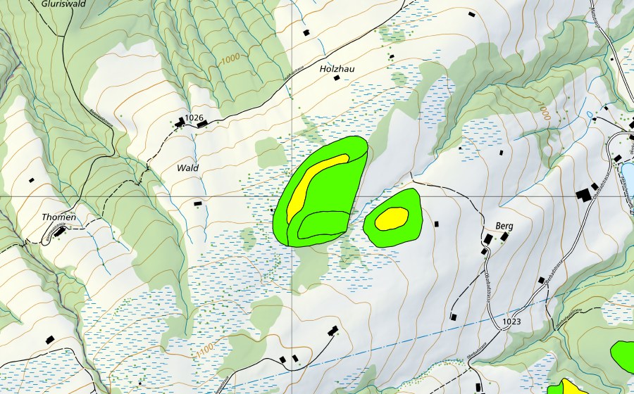 swisstopo national map showing the protected perimeter of Moore nördlich Guggeien (Raised bog)