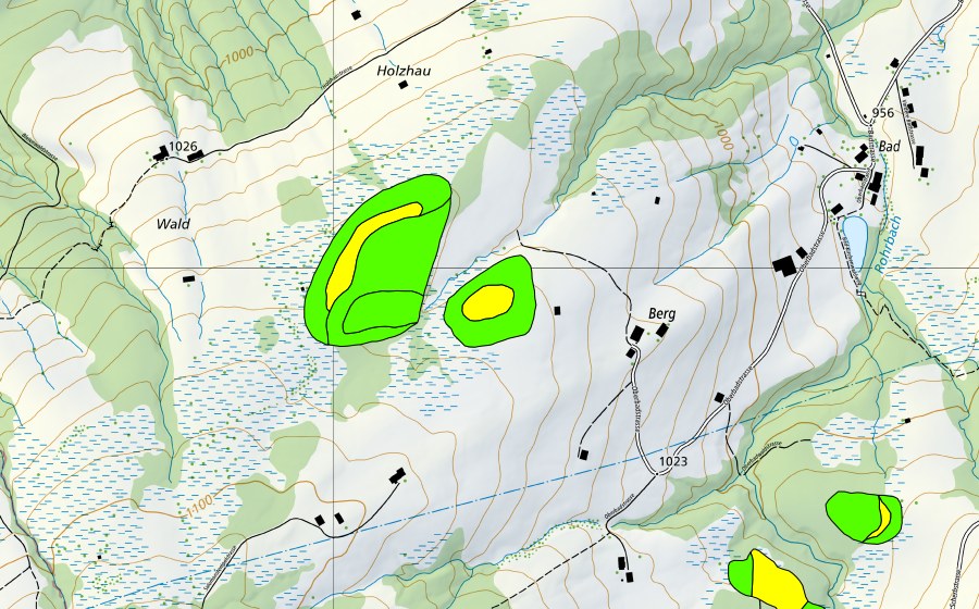 Landeskarte swisstopo mit dem Schutzperimeter von Moore nördlich Guggeien (Hochmoor)