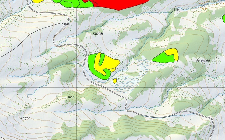 Landeskarte swisstopo mit dem Schutzperimeter von Moore südöstlich Färrich am Bol (Hochmoor)