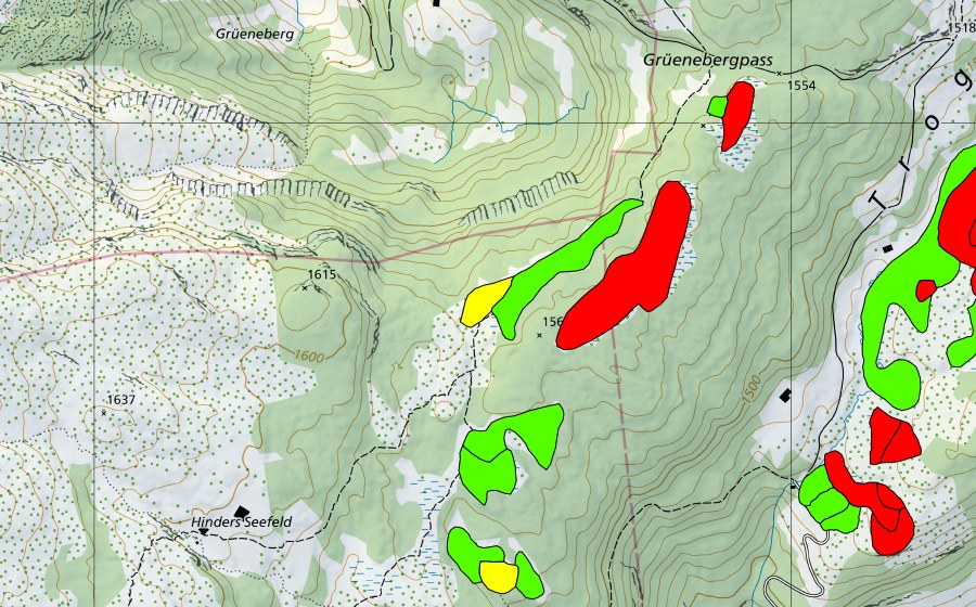 Landeskarte swisstopo mit dem Schutzperimeter von Moore südwestlich Grünenbergpass (Hochmoor)
