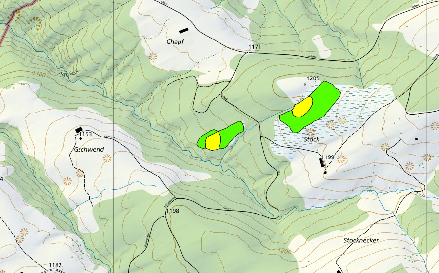 Landeskarte swisstopo mit dem Schutzperimeter von Moore zwischen Alp Stöck und Gschwend (Hochmoor)