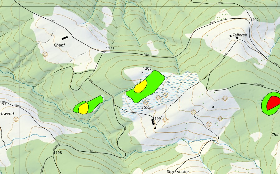 Landeskarte swisstopo mit dem Schutzperimeter von Moore zwischen Alp Stöck und Gschwend (Hochmoor)