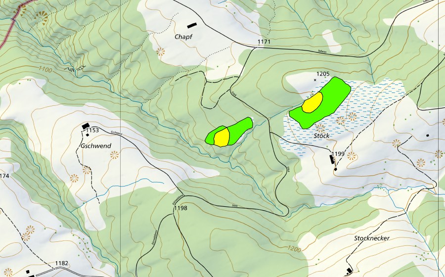 Carte nationale swisstopo avec le périmètre protégé de Moore zwischen Alp Stöck und Gschwend (Haut-marais)