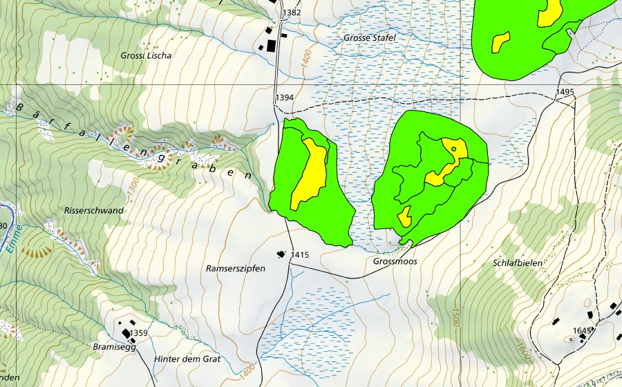 Landeskarte swisstopo mit dem Schutzperimeter von Moore zwischen Mirrenegg und Aellgäuli (Hochmoor)