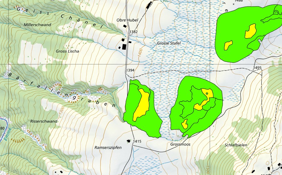 Landeskarte swisstopo mit dem Schutzperimeter von Moore zwischen Mirrenegg und Aellgäuli (Hochmoor)