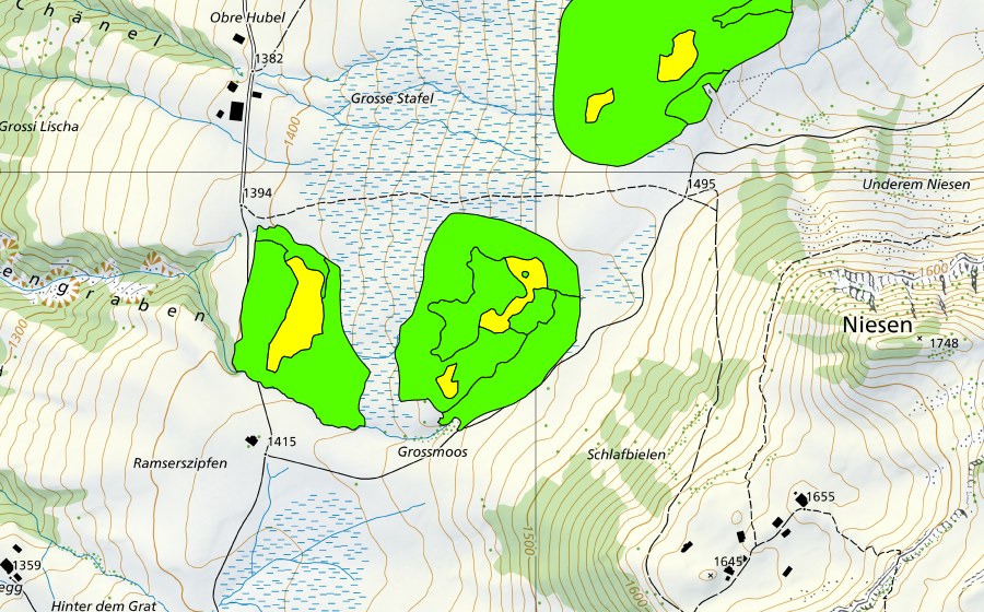 Carte nationale swisstopo avec le périmètre protégé de Moore zwischen Mirrenegg und Aellgäuli (Haut-marais)