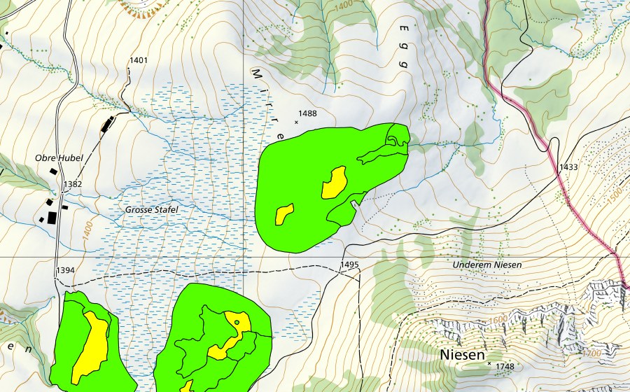 Carte nationale swisstopo avec le périmètre protégé de Moore zwischen Mirrenegg und Aellgäuli (Haut-marais)