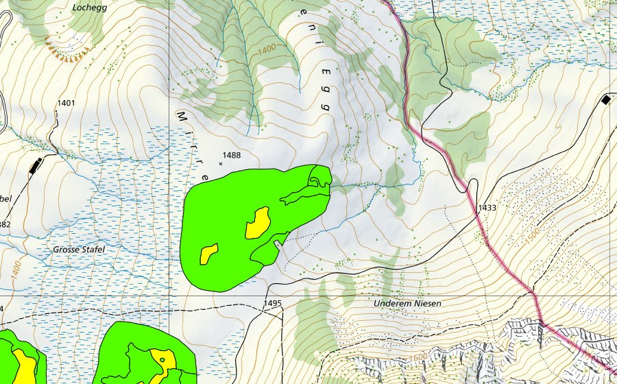 Carte nationale swisstopo avec le périmètre protégé de Moore zwischen Mirrenegg und Aellgäuli (Haut-marais)