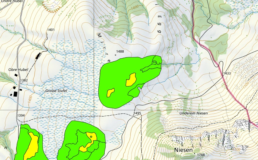 swisstopo national map showing the protected perimeter of Moore zwischen Mirrenegg und Aellgäuli (Raised bog)