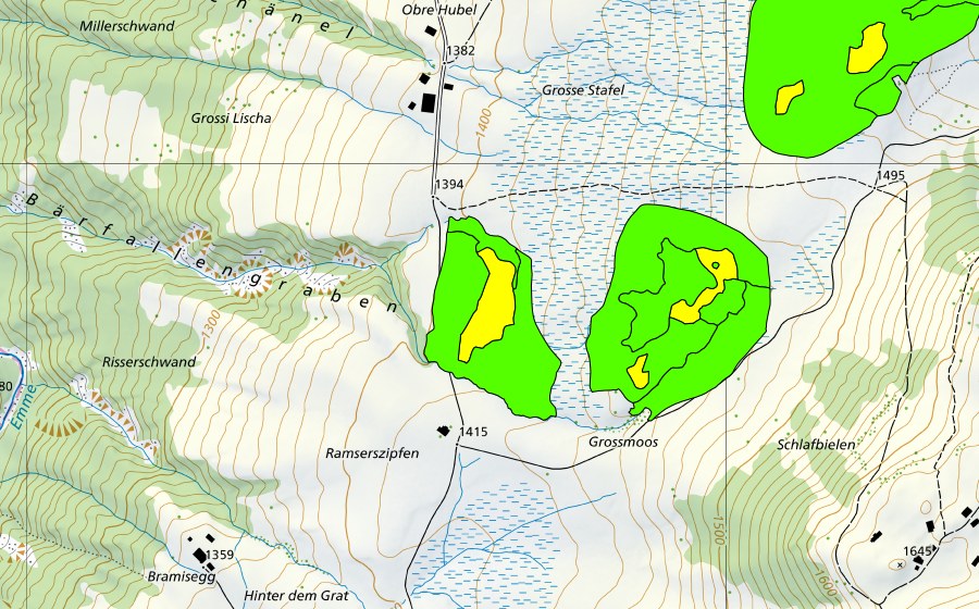 Carte nationale swisstopo avec le périmètre protégé de Moore zwischen Mirrenegg und Aellgäuli (Haut-marais)