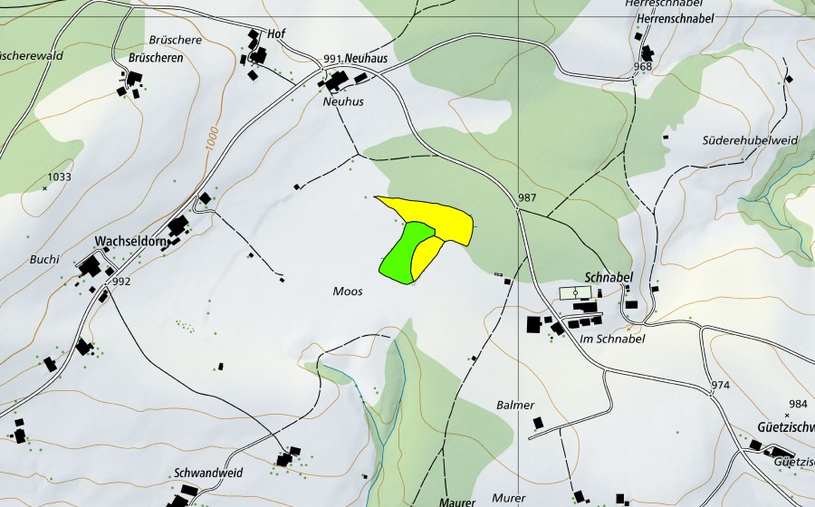 Carte nationale swisstopo avec le périmètre protégé de Moos bei Wachseldorn/Untermoos (Haut-marais)