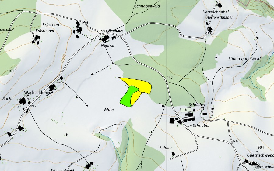 Carte nationale swisstopo avec le périmètre protégé de Moos bei Wachseldorn/Untermoos (Haut-marais)