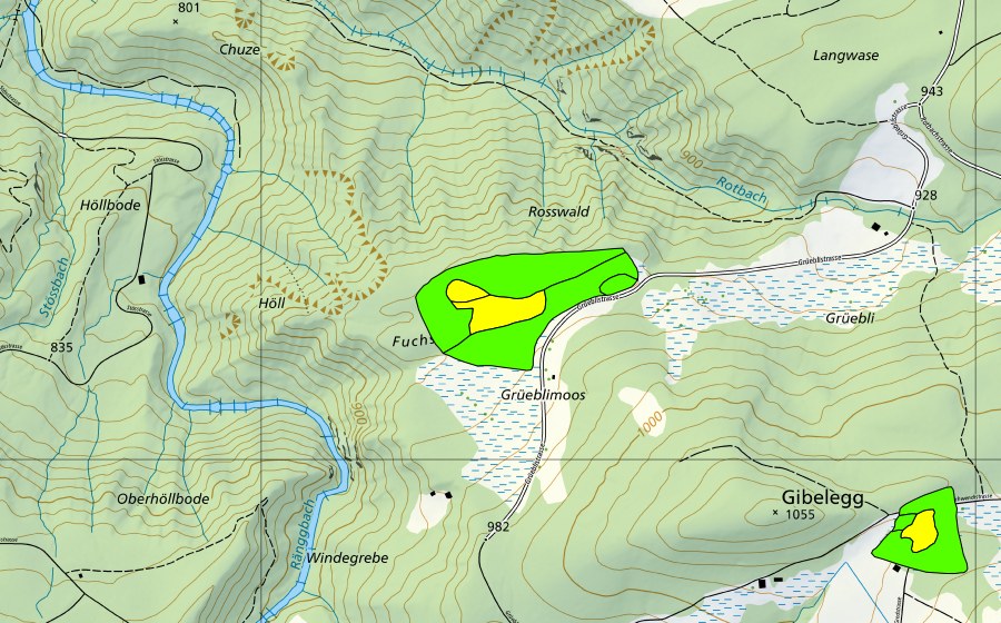 Carte nationale swisstopo avec le périmètre protégé de Moos nordwestlich Gibelegg (Haut-marais)