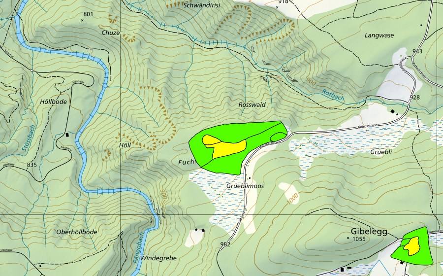 Carte nationale swisstopo avec le périmètre protégé de Moos nordwestlich Gibelegg (Haut-marais)