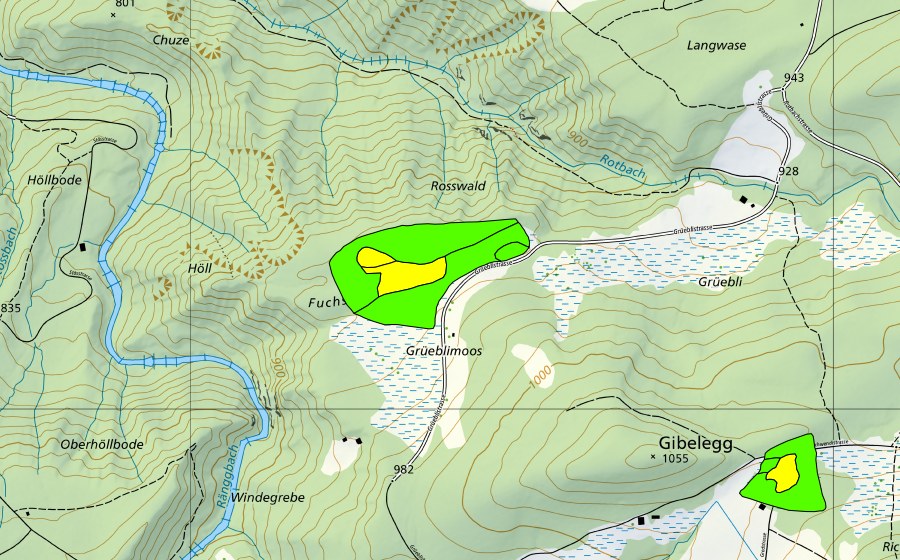 Landeskarte swisstopo mit dem Schutzperimeter von Moos nordwestlich Gibelegg (Hochmoor)