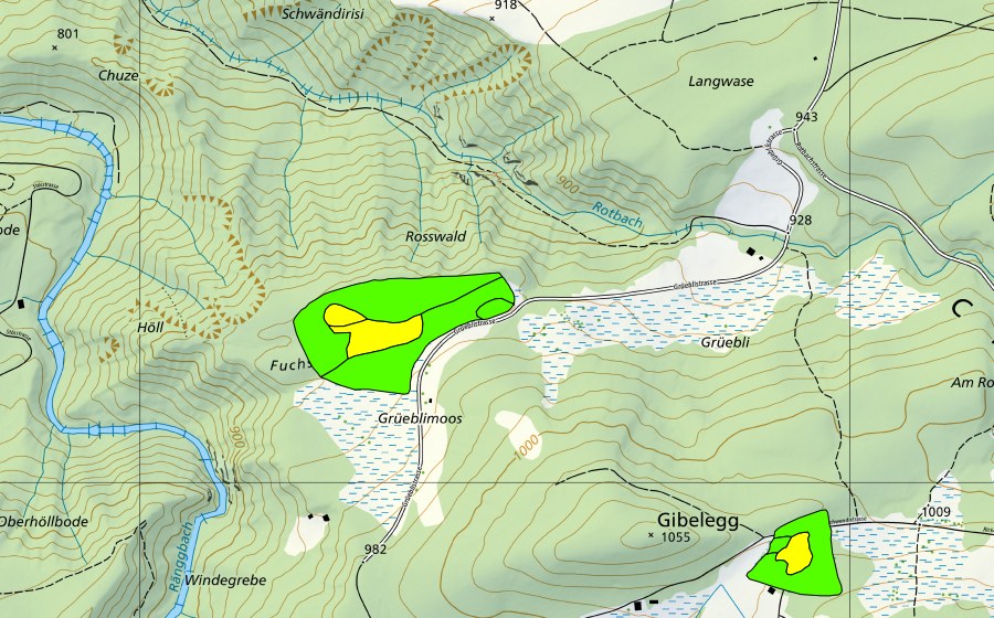Carte nationale swisstopo avec le périmètre protégé de Moos nordwestlich Gibelegg (Haut-marais)