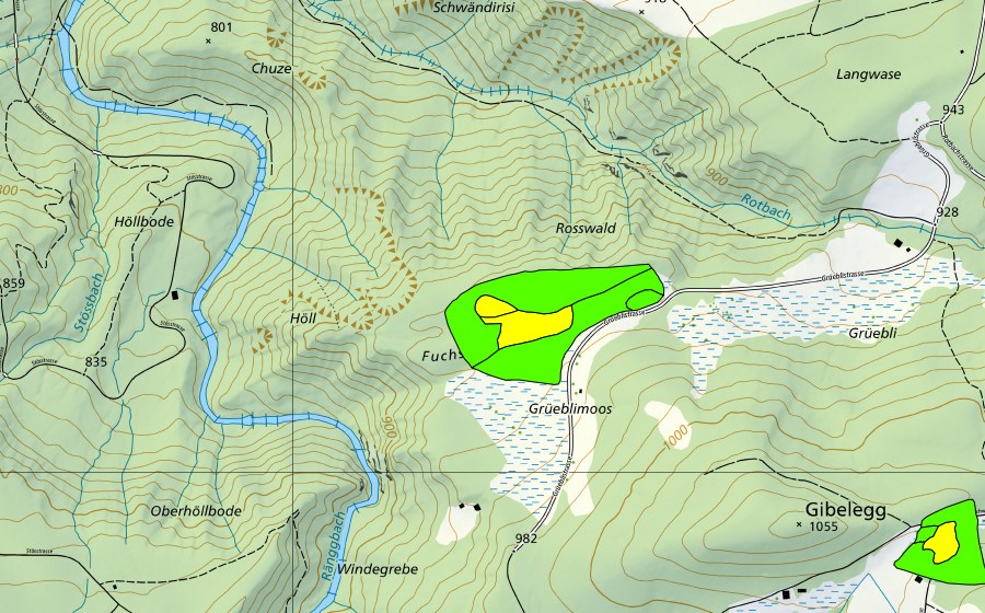 swisstopo national map showing the protected perimeter of Moos nordwestlich Gibelegg (Raised bog)