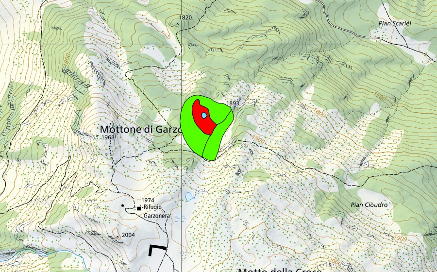 Carte nationale swisstopo avec le périmètre protégé de Mottone di Garzonera (Haut-marais)