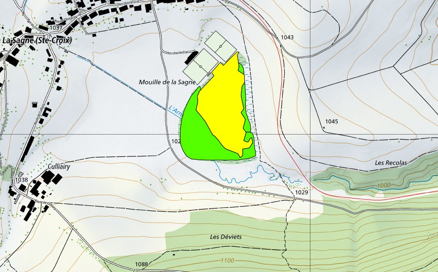 Carte nationale swisstopo avec le périmètre protégé de Mouille de la Sagne (Haut-marais)