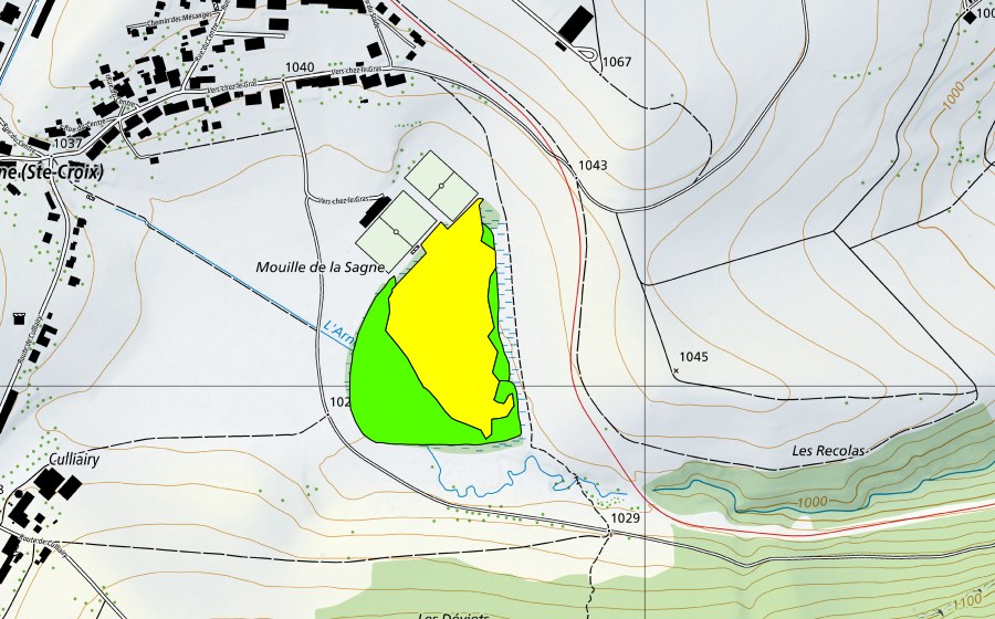 Carte nationale swisstopo avec le périmètre protégé de Mouille de la Sagne (Haut-marais)