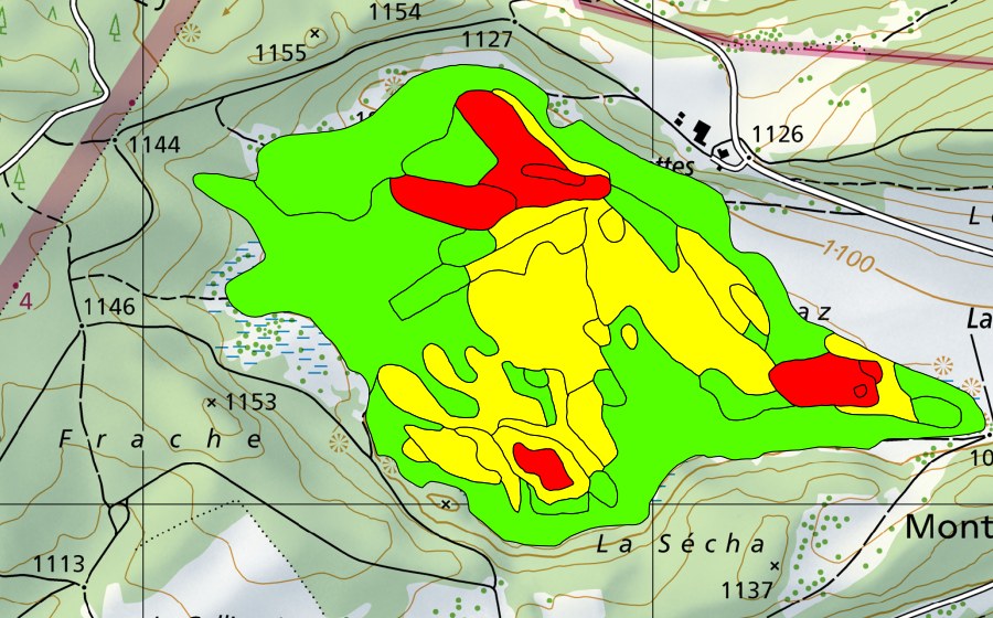 Landeskarte swisstopo mit dem Schutzperimeter von Mouille de la Vraconne (Hochmoor)